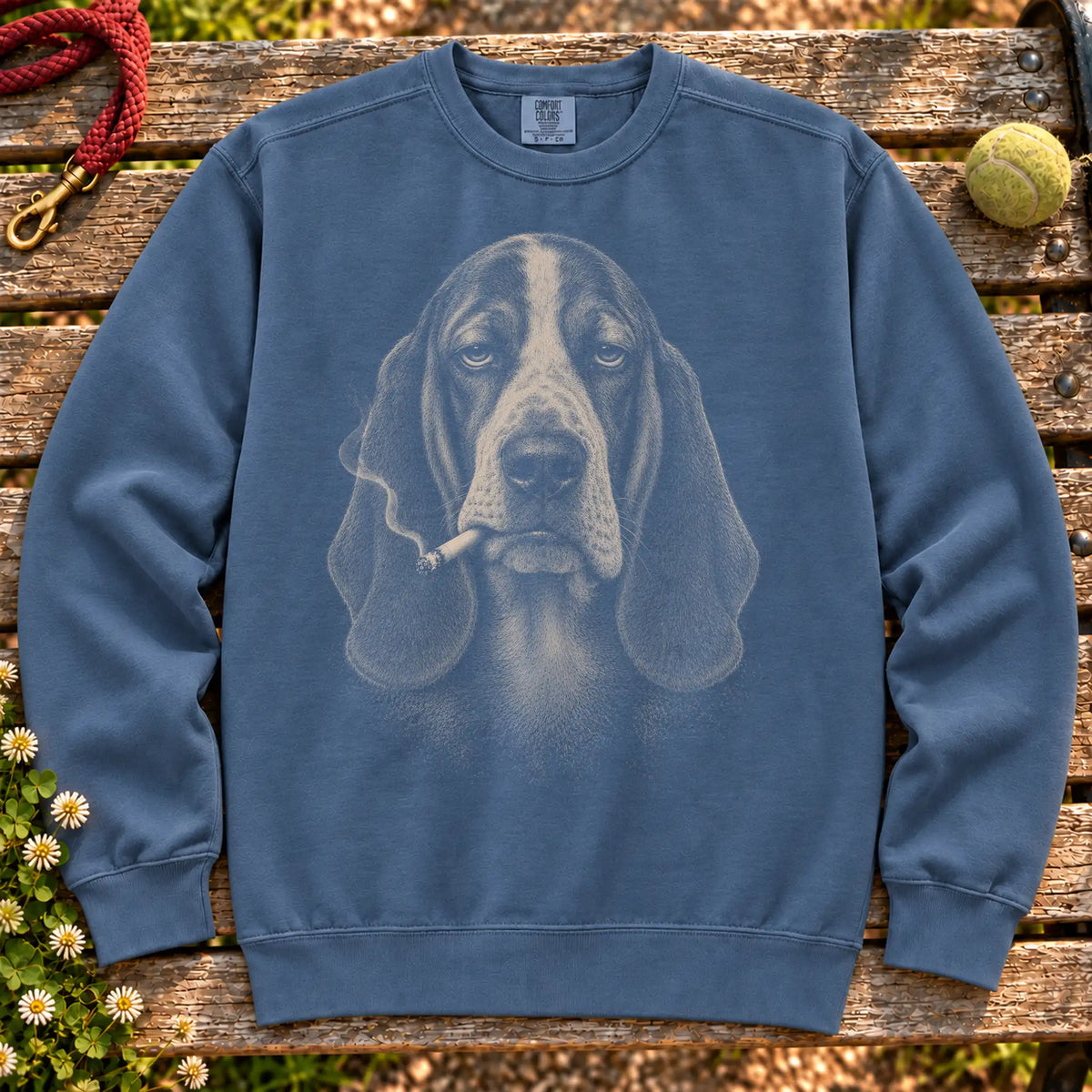Basset Hound smoking design on a Denim sweatshirt