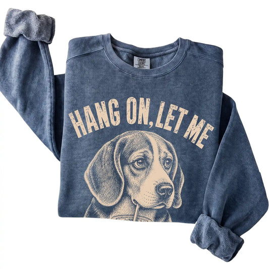Denim Comfort Colors sweatshirt featuring Beagle Iced Coffee Overthink, folded presentation