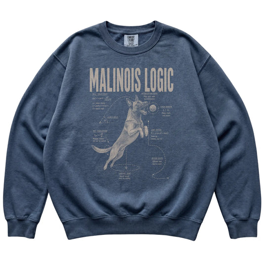 Denim Belgian Malinois Ball Logic sweatshirt laid flat