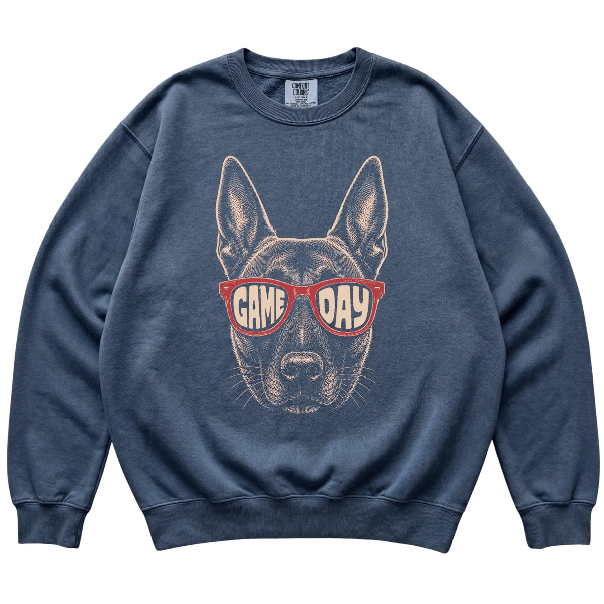 Denim Belgian Malinois Game Day Sunglasses sweatshirt, laid flat