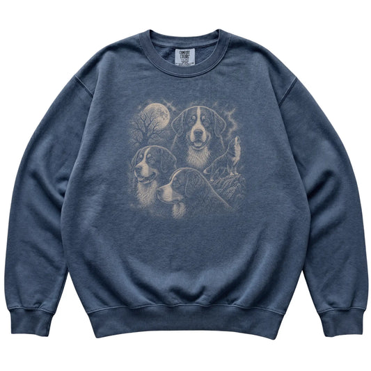 Bernese Mountain Dog 90s Moon Sweatshirt in Denim — flat lay