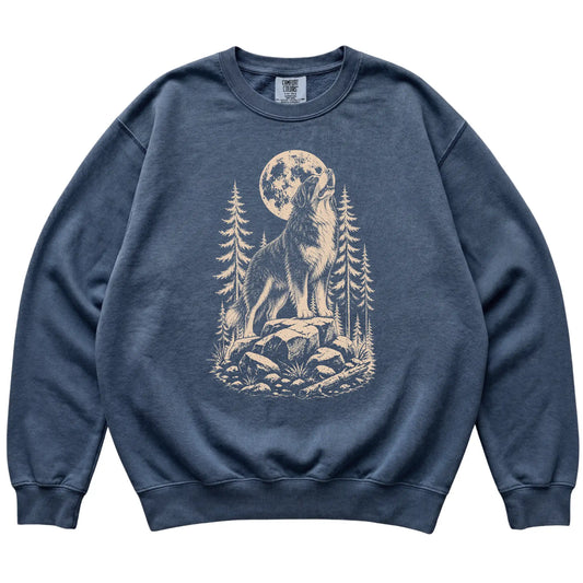 Close view of Bernese Mountain Dog Howling at the Moon artwork on Denim Comfort Colors sweatshirt