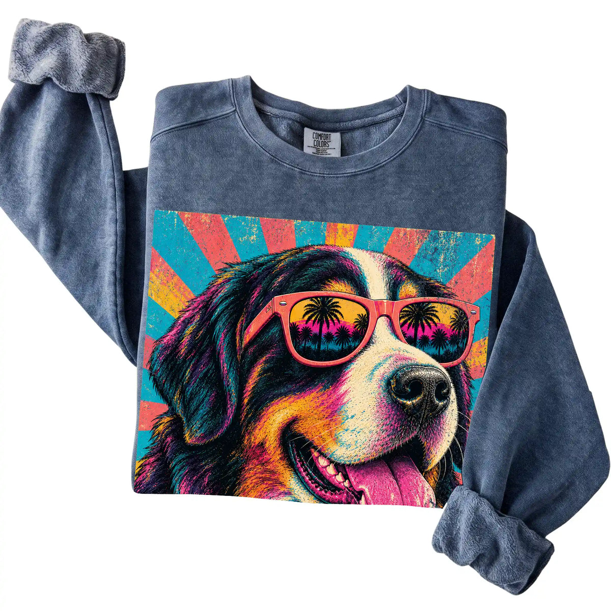 Folded Denim Comfort Colors sweatshirt with a Retro Bernese Mountain Dog Mama design