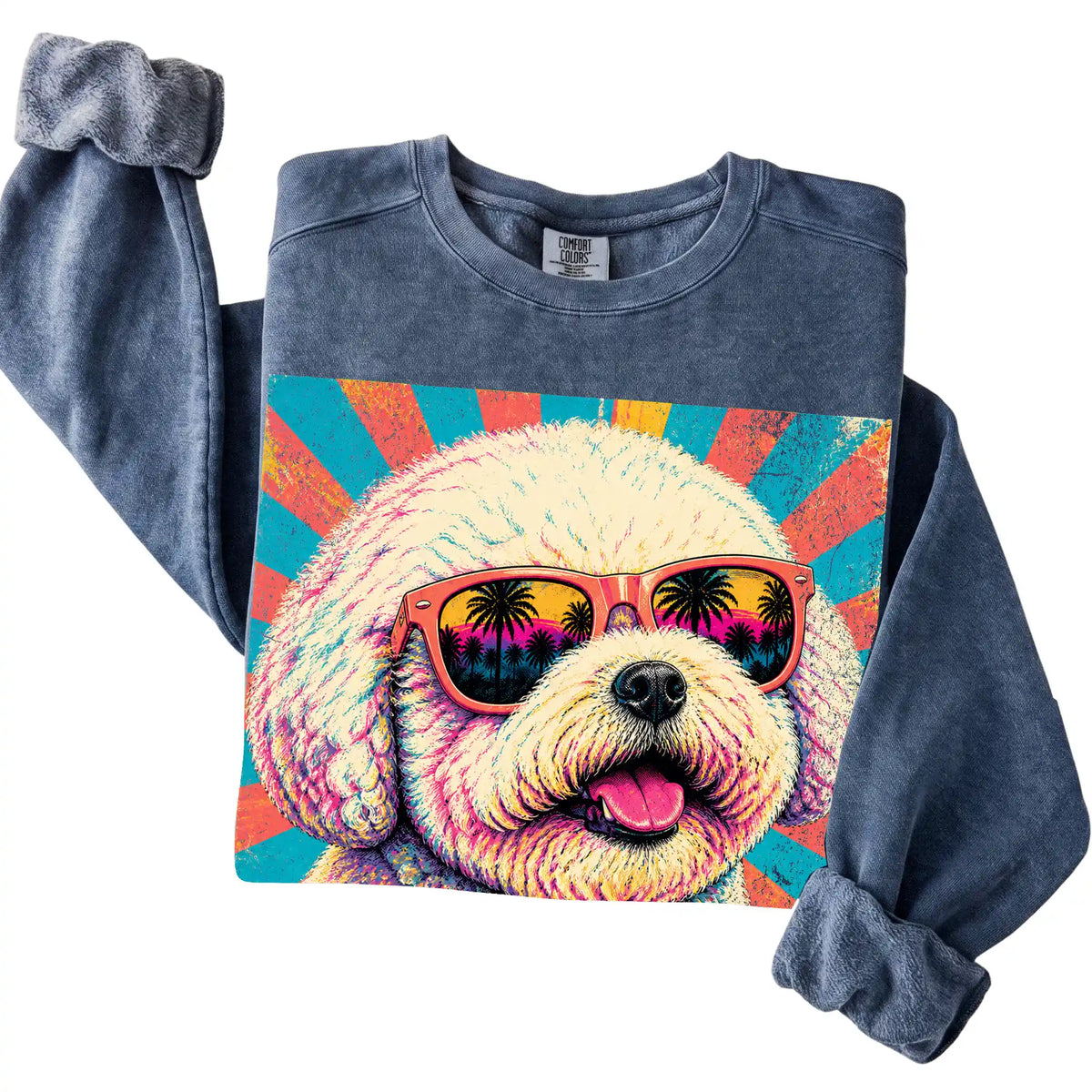 Folded Denim Comfort Colors sweatshirt with a Retro Bichon Frise Mama design