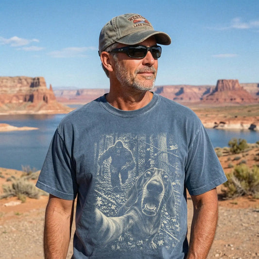 Denim Dachshund Bigfoot selfie T-shirt, worn by a model