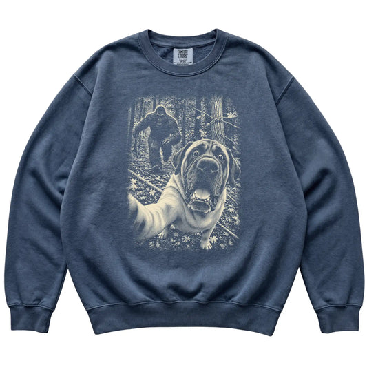 Denim Mastiff Bigfoot selfie sweatshirt, full garment view