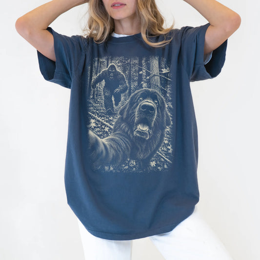 Denim Newfie Bigfoot selfie T-shirt, worn by a model