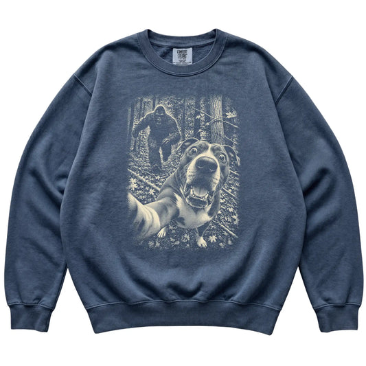 Denim Pitbull Bigfoot selfie sweatshirt, full garment view