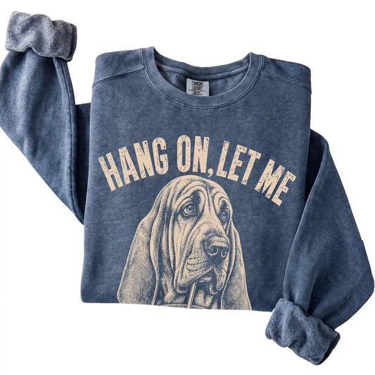 Denim Comfort Colors sweatshirt featuring Bloodhound Iced Coffee Overthink, folded presentation