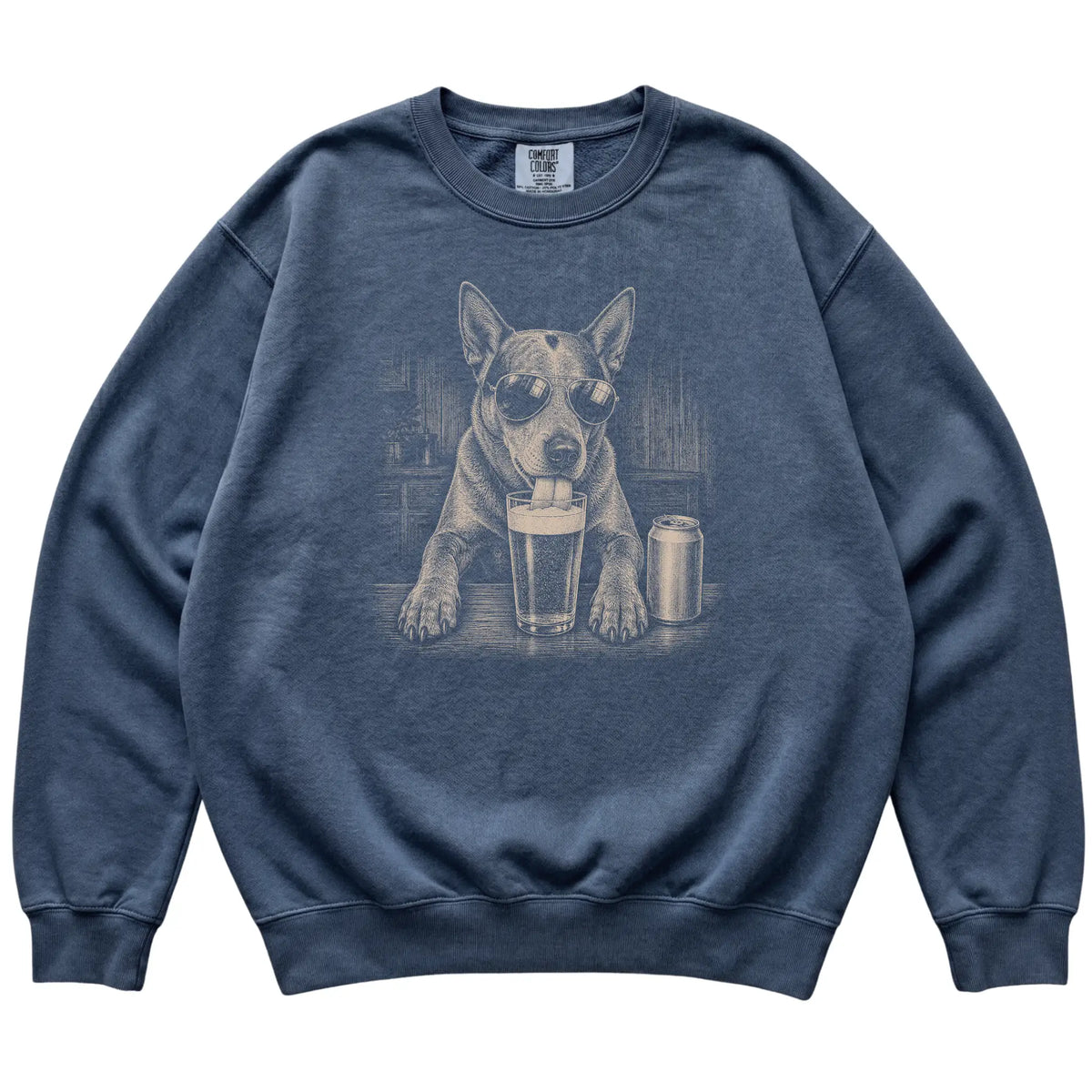 Denim Blue Heeler drinking from a pint at a bar, laid flat