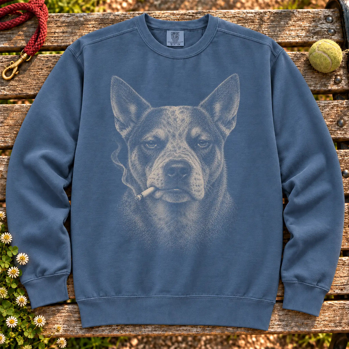 Blue Heeler smoking design on a Denim sweatshirt