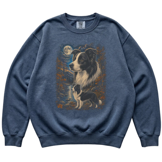 denim sweatshirt with Border Collie Autumn Moon artwork.