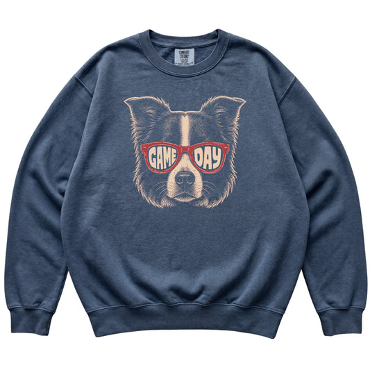 Denim Border Collie Game Day Sunglasses sweatshirt, laid flat