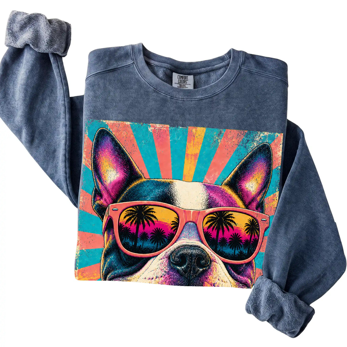 Folded Denim Comfort Colors sweatshirt with a Retro Boston Terrier Mama design