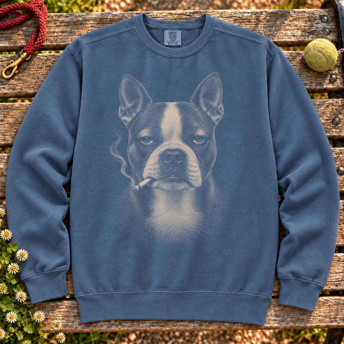 Boston Terrier smoking design on a Denim sweatshirt