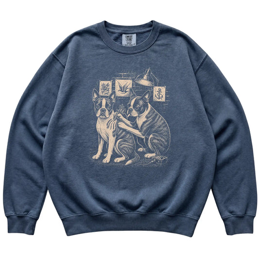 Denim Boston Terrier Dog Tattoo Artist shirt laid flat