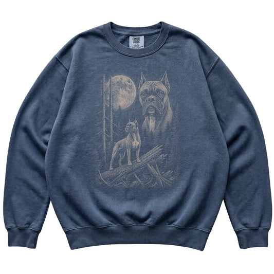 Denim Boxer Moonlit Forest Comfort Colors sweatshirt, flat view