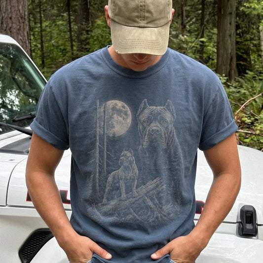 Man wearing a Denim Cane Corso Moonlit Forest T-Shirt