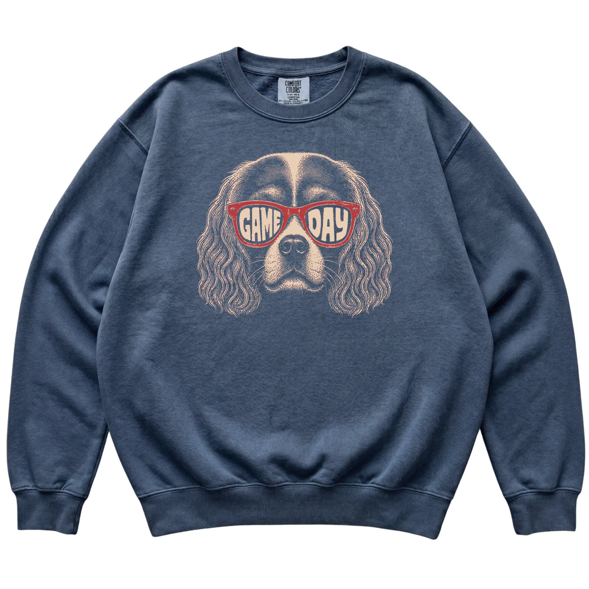 Denim Cavalier King Charles Spaniel Game Day Sunglasses sweatshirt, laid flat