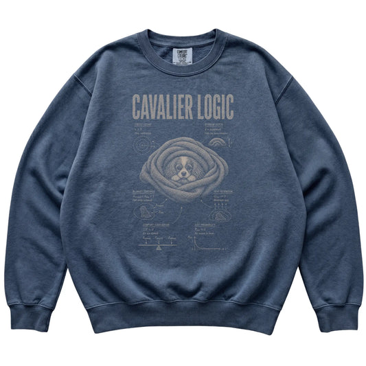 Denim Cavalier King Charles Spaniel Logic sweatshirt laid flat