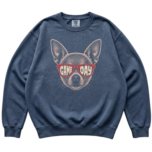 Denim Chihuahua Game Day Sunglasses sweatshirt, laid flat