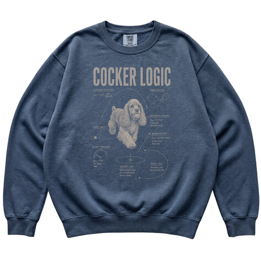 Denim Cocker Spaniel Logic sweatshirt laid flat