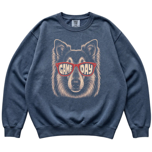Denim Collie Game Day Sunglasses sweatshirt, laid flat