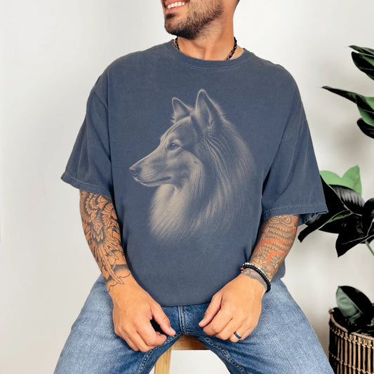 Model wearing a Denim Comfort Colors® T-shirt with a detailed photographic portrait of a Collie