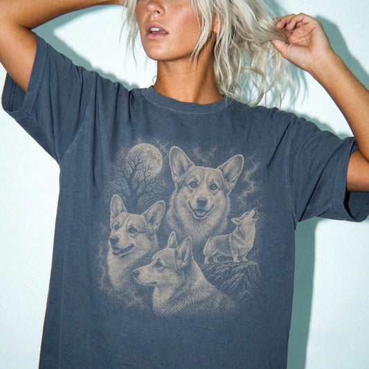 Model wearing a Denim Comfort Colors® T-shirt with a vintage moon montage featuring Corgi