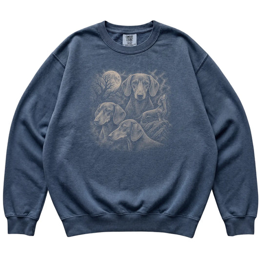 Dachshund 90s Moon Sweatshirt in Denim — flat lay