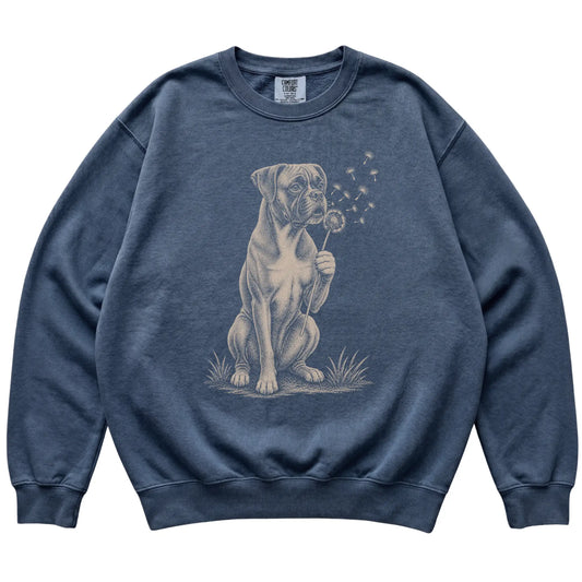 Denim Comfort Colors® sweatshirt featuring Dandelion Boxer, laid-flat presentation