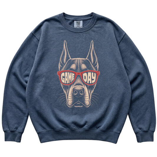 Denim Doberman Game Day Sunglasses sweatshirt, laid flat