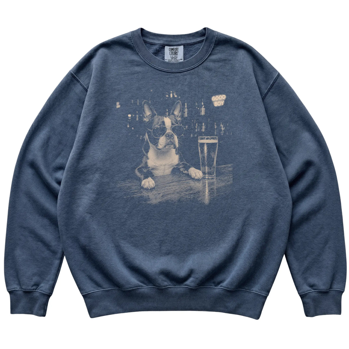 Denim Boston Terrier at a bar beside a pint, laid flat