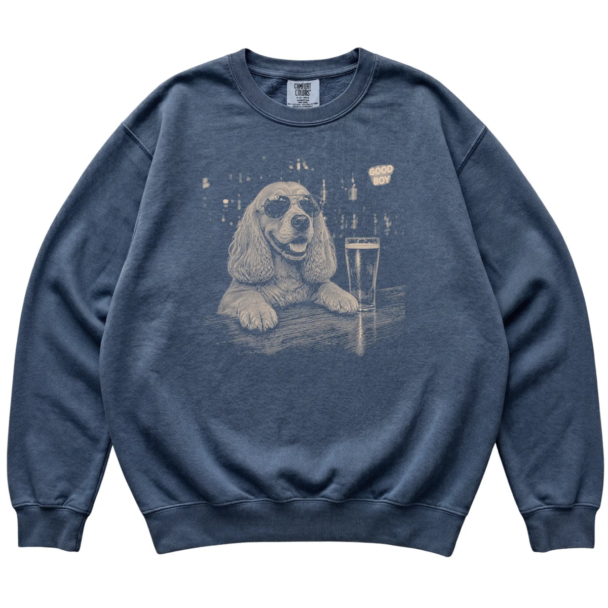 Denim Cocker Spaniel at a bar beside a pint, laid flat