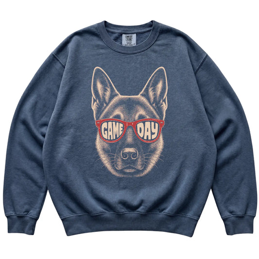 Denim German Shepherd Game Day Sunglasses sweatshirt, laid flat