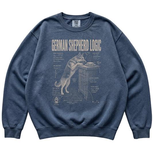 Denim German Shepherd Logic sweatshirt laid flat