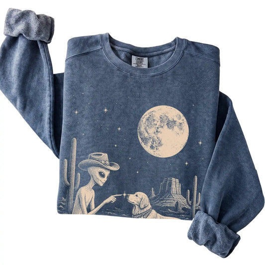 Denim Comfort Colors® sweatshirt featuring Golden Retriever Cowboy and Alien, folded presentation