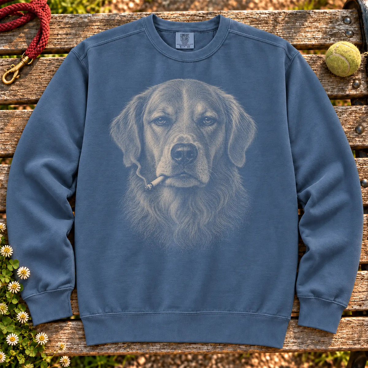 Golden Retriever smoking design on a Denim sweatshirt