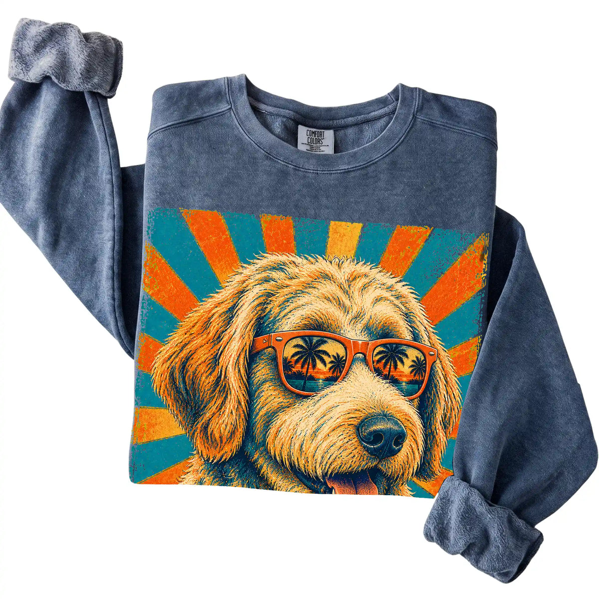 Folded Denim Comfort Colors sweatshirt with a Retro Goldendoodle Dad design