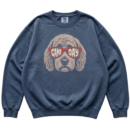 Denim Goldendoodle Game Day Sunglasses sweatshirt, laid flat