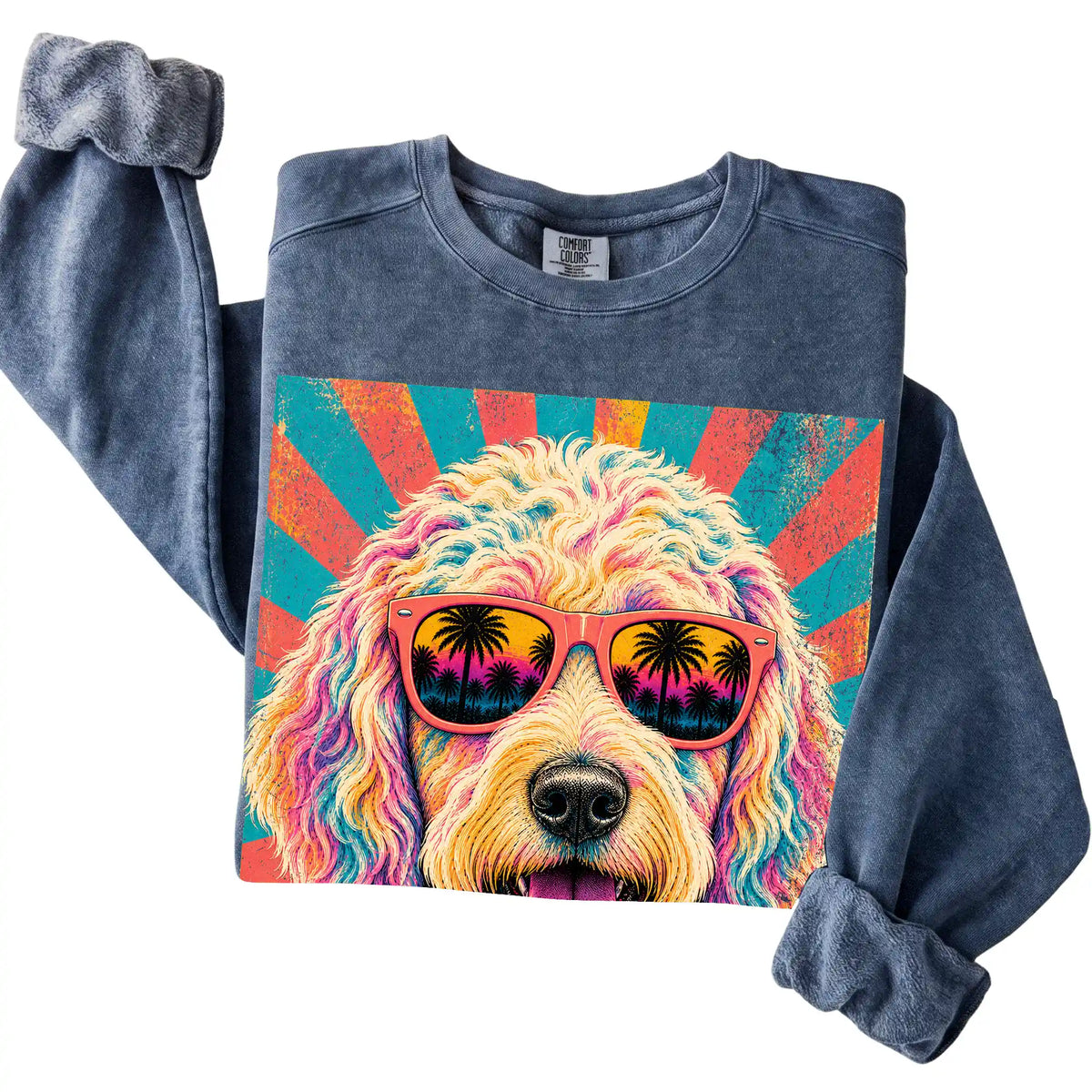 Folded Denim Comfort Colors sweatshirt with a Retro Goldendoodle Mama design