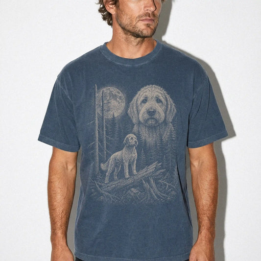 Man wearing a Denim Goldendoodle Moonlit Forest T-Shirt