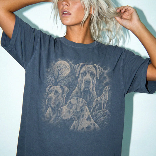 Model wearing a Denim Comfort Colors® T-shirt with a vintage moon montage featuring Great Dane