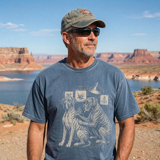 Person wearing a Denim Great Dane Tattoo t-shirt