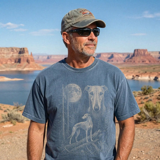 Man wearing a Denim Greyhound Moonlit Forest T-Shirt