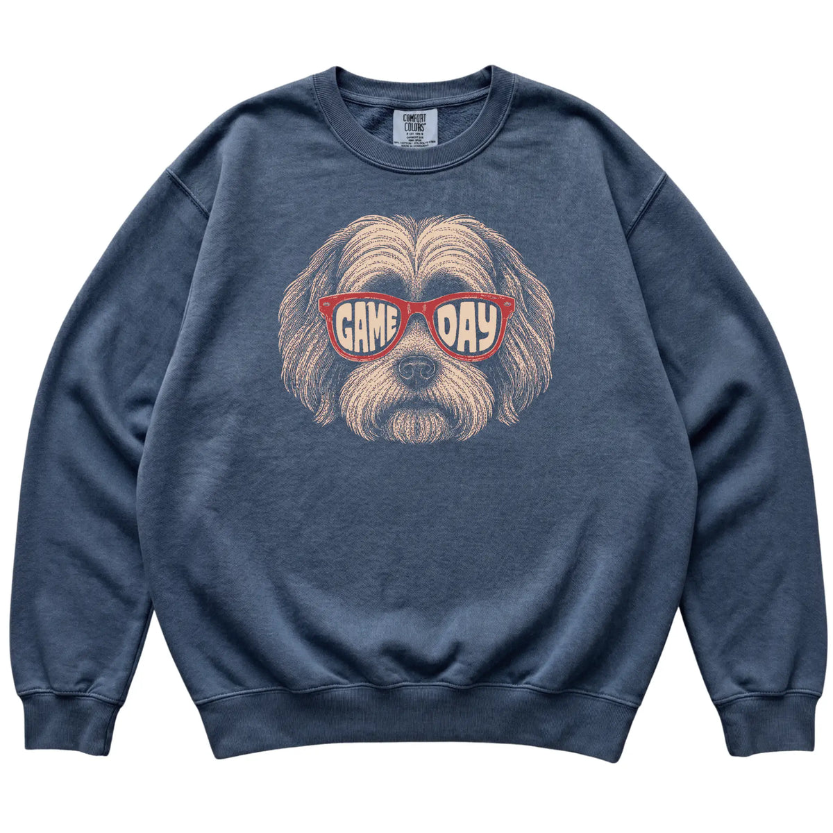 Denim Havanese Game Day Sunglasses sweatshirt, laid flat