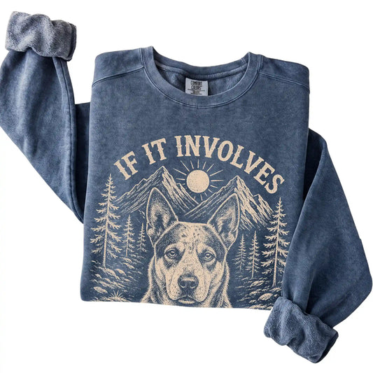 Denim Comfort Colors® sweatshirt featuring Hiking and Blue Heelers, folded presentation