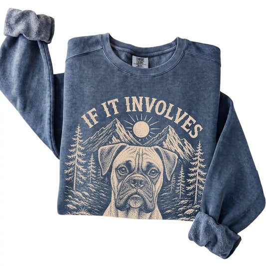 Denim Comfort Colors® sweatshirt featuring Hiking and Boxers, folded presentation