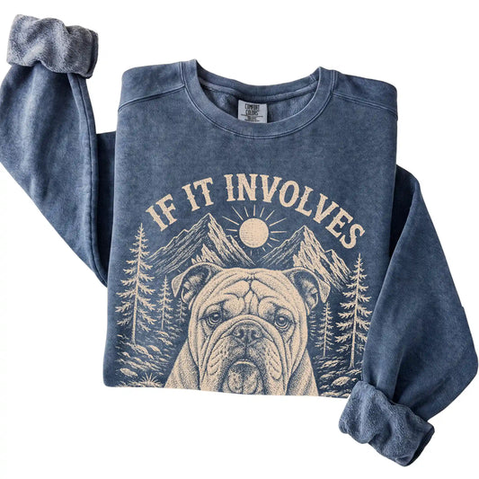 Denim Comfort Colors® sweatshirt featuring Hiking and Bulldogs, folded presentation
