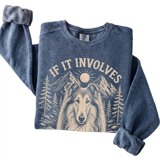 Denim Comfort Colors® sweatshirt featuring Hiking and Collies, folded presentation